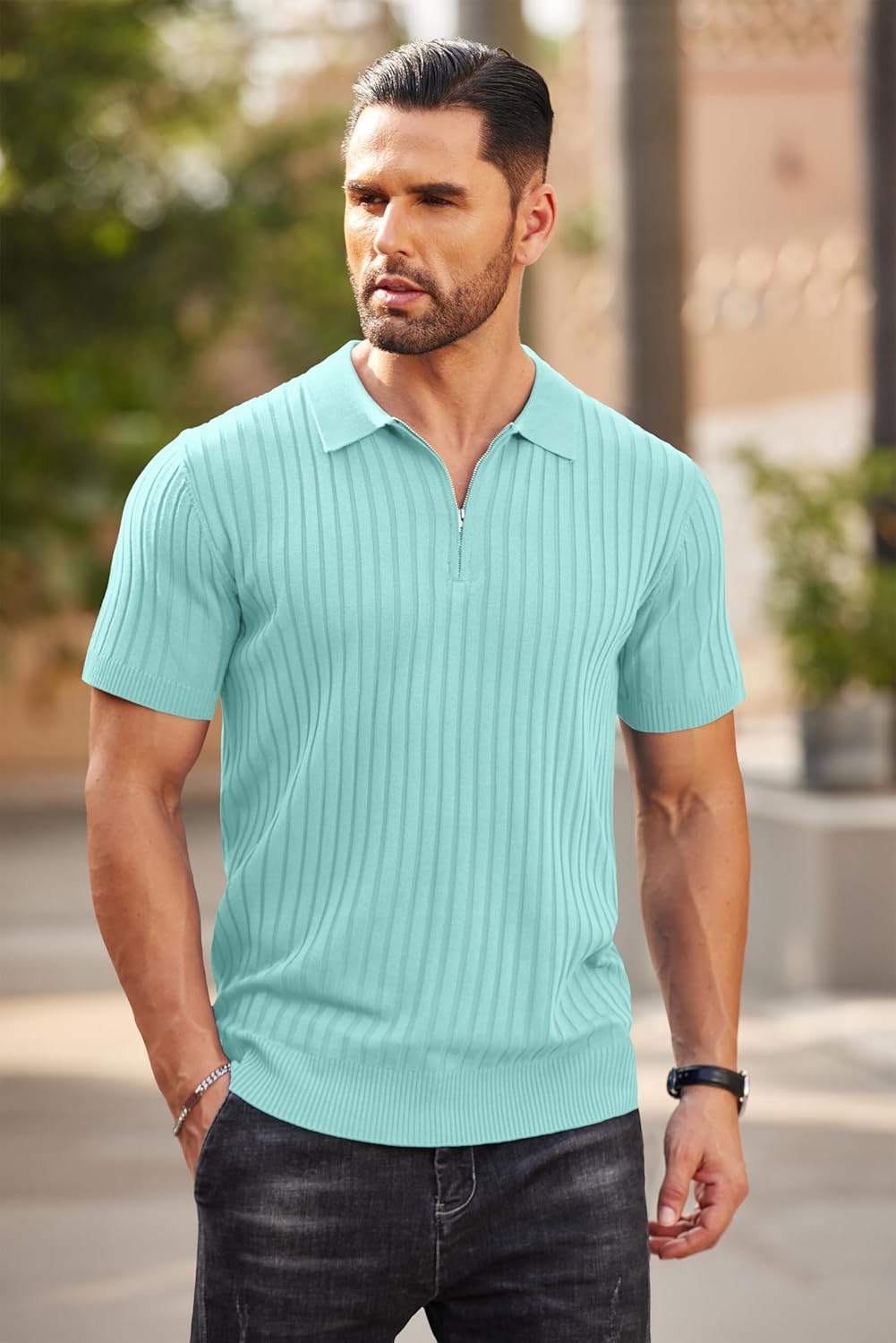 Camisetas polo de punto acanalado de manga corta con cremallera para hombre - Imagen 64 de 107
