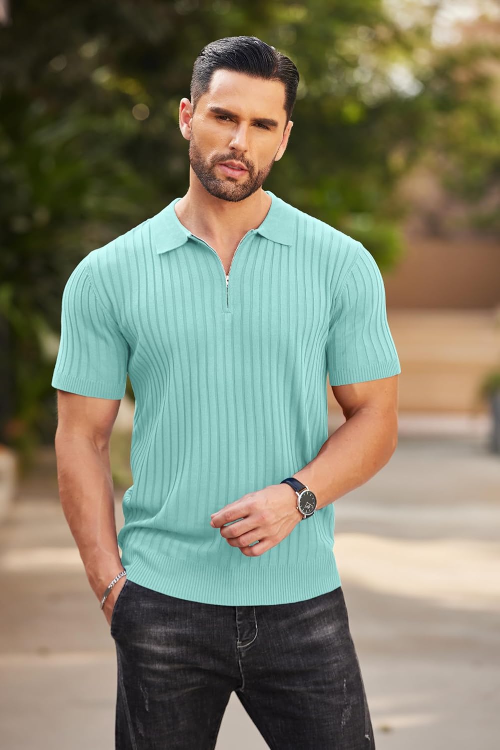 Camisetas polo de punto acanalado de manga corta con cremallera para hombre - Imagen 65 de 107