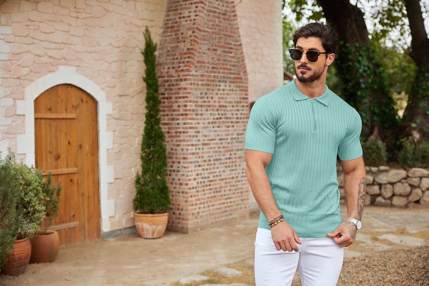 Camisetas polo de punto acanalado de manga corta con cremallera para hombre - Imagen 67 de 107
