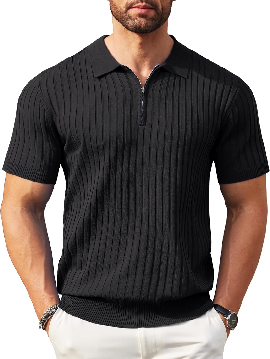 Camisetas polo de punto acanalado de manga corta con cremallera para hombre - Imagen 68 de 107