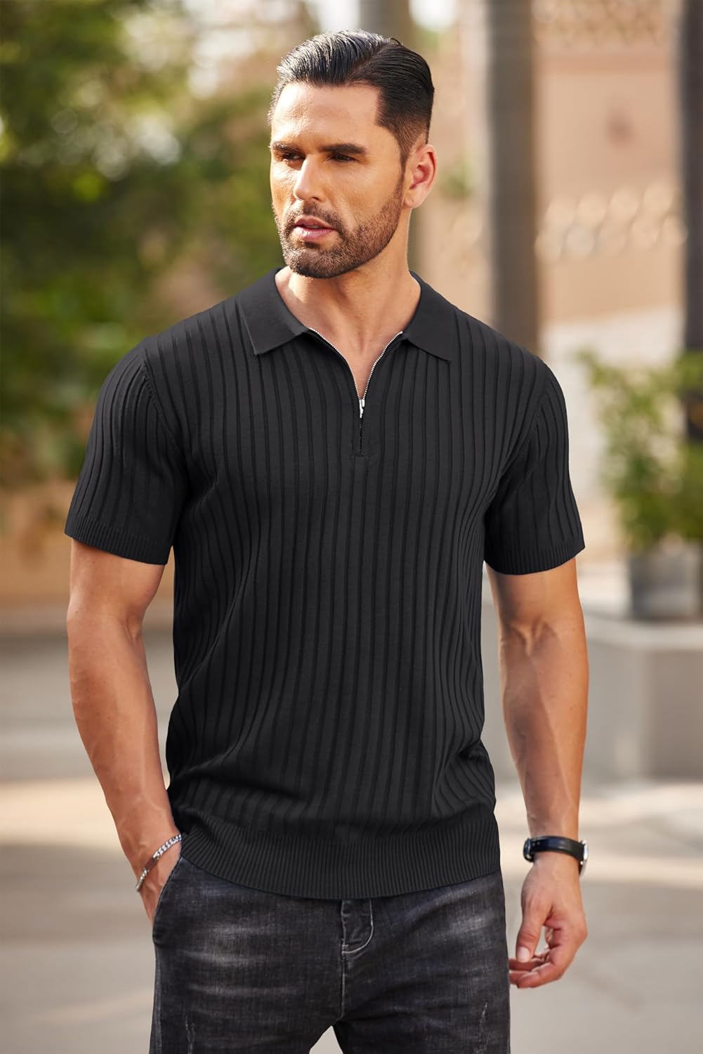Camisetas polo de punto acanalado de manga corta con cremallera para hombre - Imagen 69 de 107