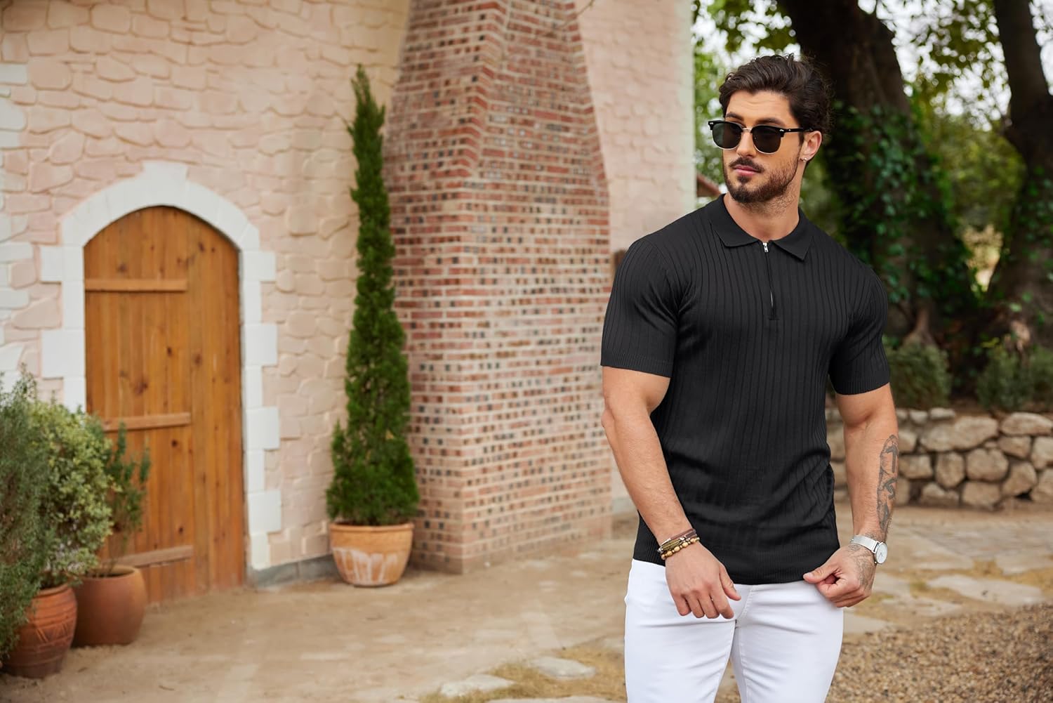 Camisetas polo de punto acanalado de manga corta con cremallera para hombre - Imagen 72 de 107