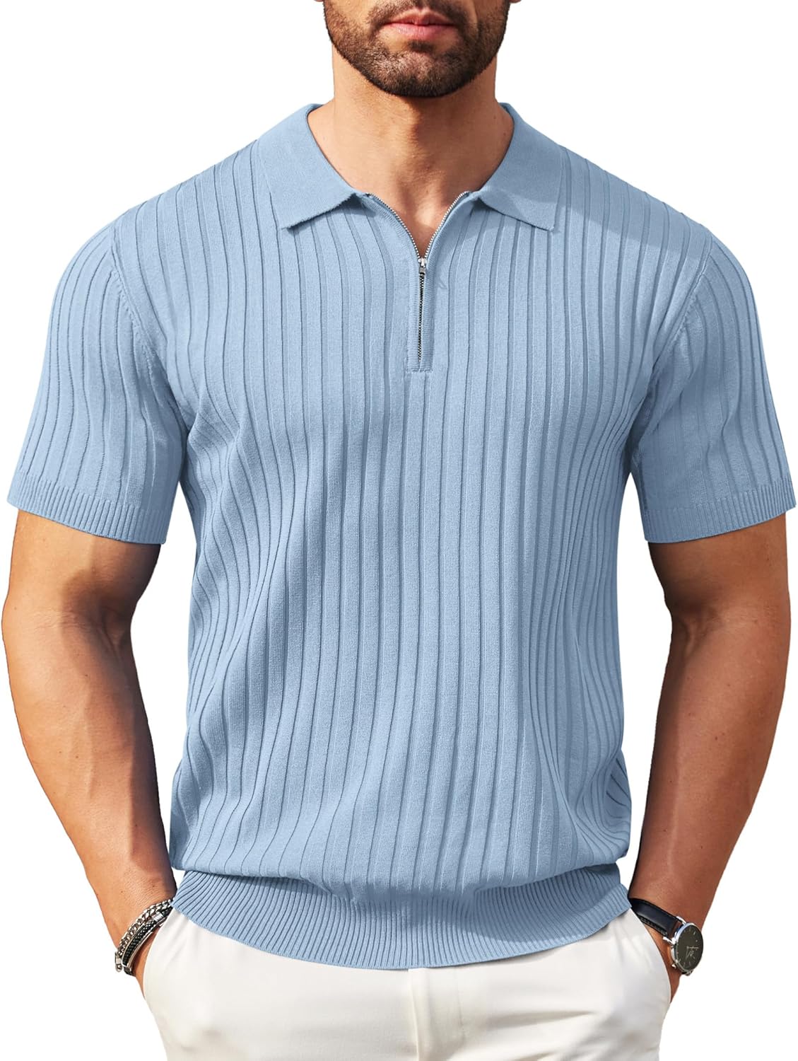 Camisetas polo de punto acanalado de manga corta con cremallera para hombre - Imagen 73 de 107