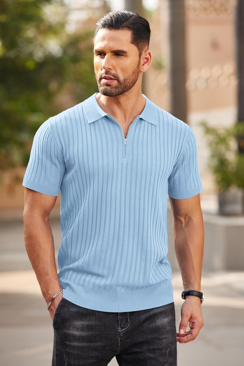 Camisetas polo de punto acanalado de manga corta con cremallera para hombre - Imagen 74 de 107