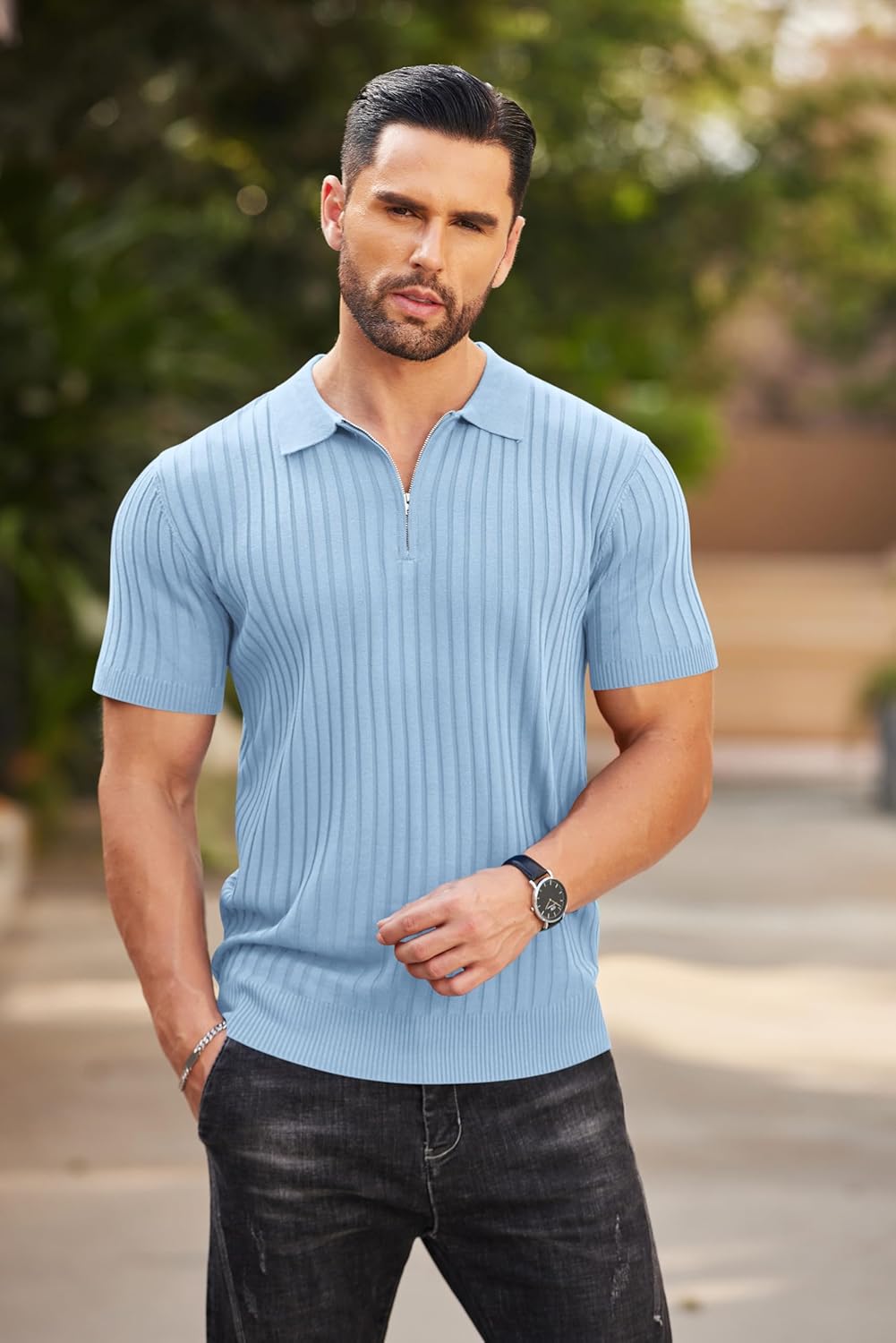 Camisetas polo de punto acanalado de manga corta con cremallera para hombre - Imagen 75 de 107