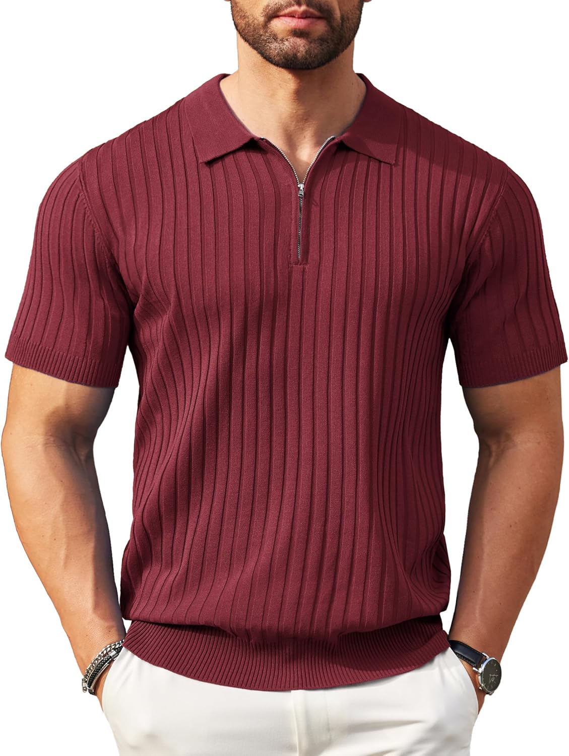 Camisetas polo de punto acanalado de manga corta con cremallera para hombre - Imagen 77 de 107