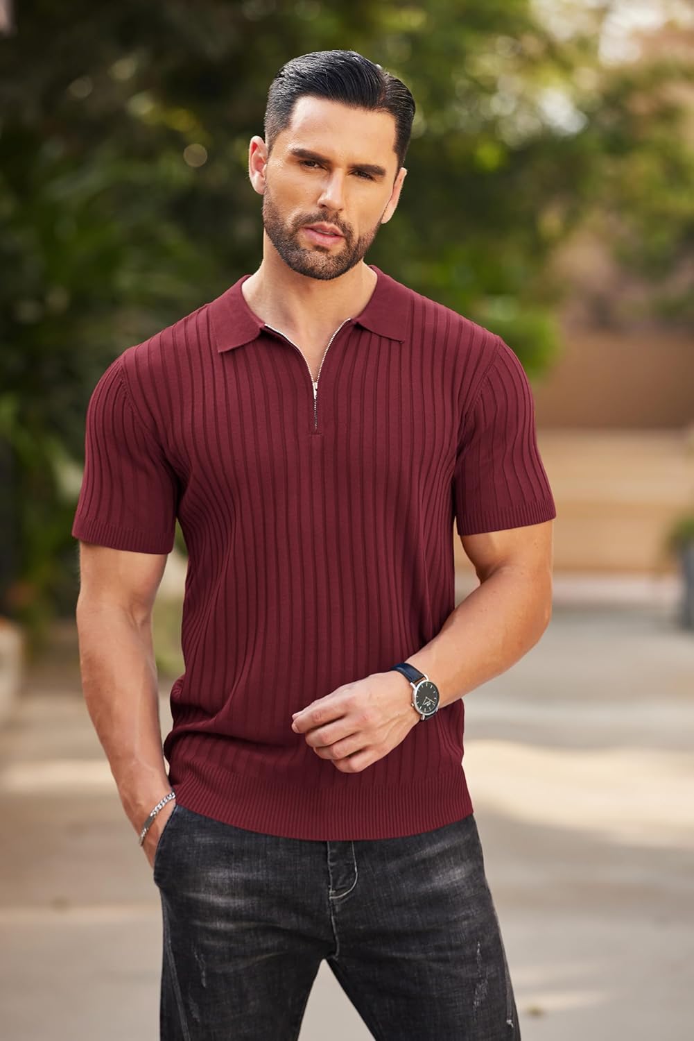 Camisetas polo de punto acanalado de manga corta con cremallera para hombre - Imagen 78 de 107