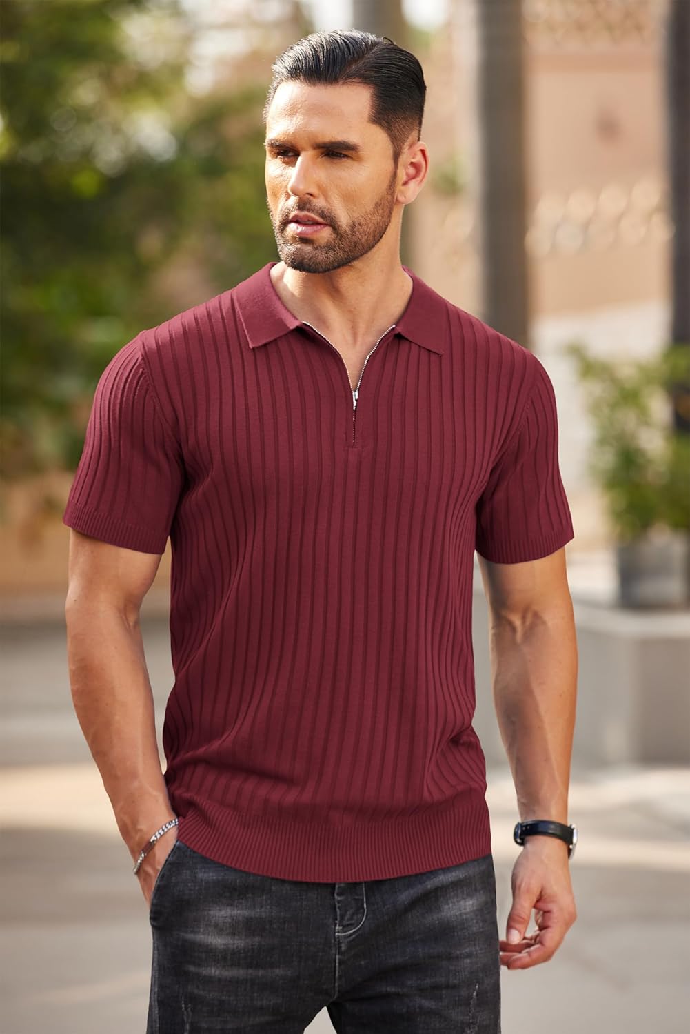 Camisetas polo de punto acanalado de manga corta con cremallera para hombre - Imagen 79 de 107