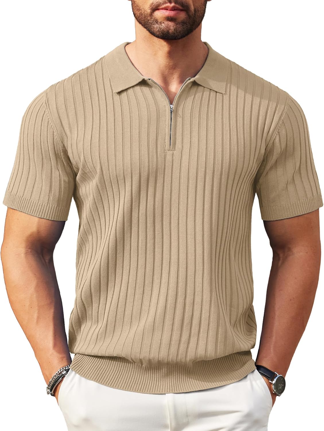 Camisetas polo de punto acanalado de manga corta con cremallera para hombre - Imagen 81 de 107