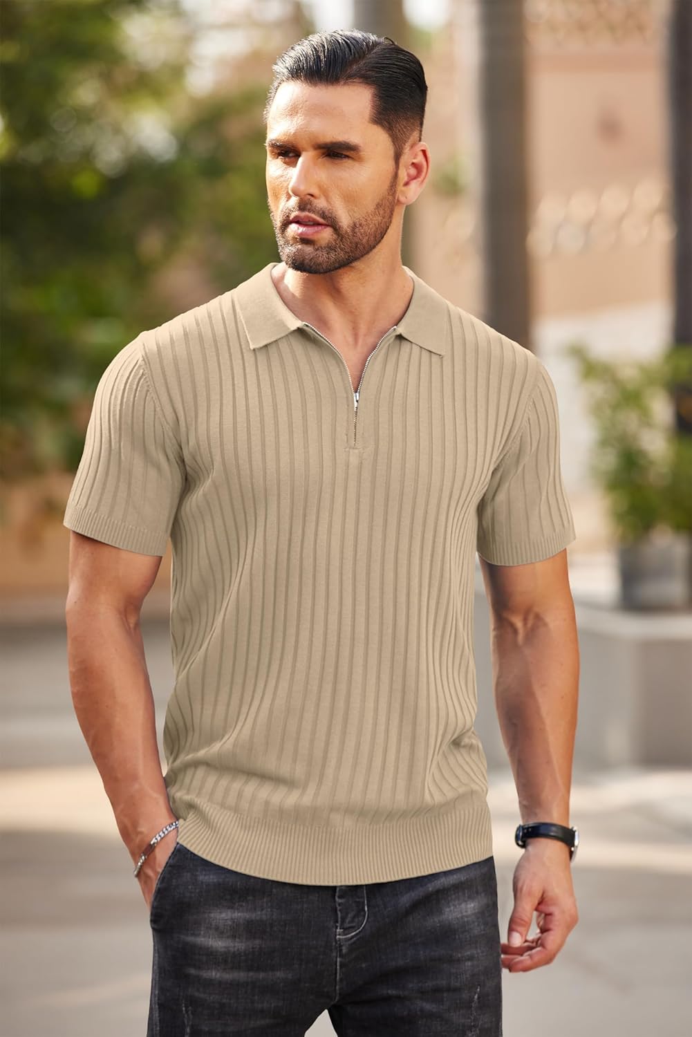 Camisetas polo de punto acanalado de manga corta con cremallera para hombre - Imagen 82 de 107