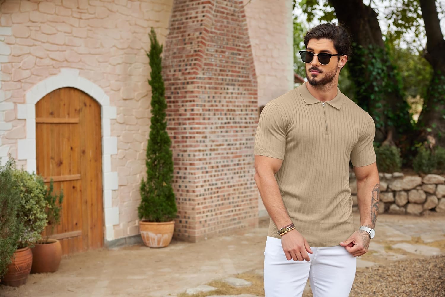 Camisetas polo de punto acanalado de manga corta con cremallera para hombre - Imagen 85 de 107