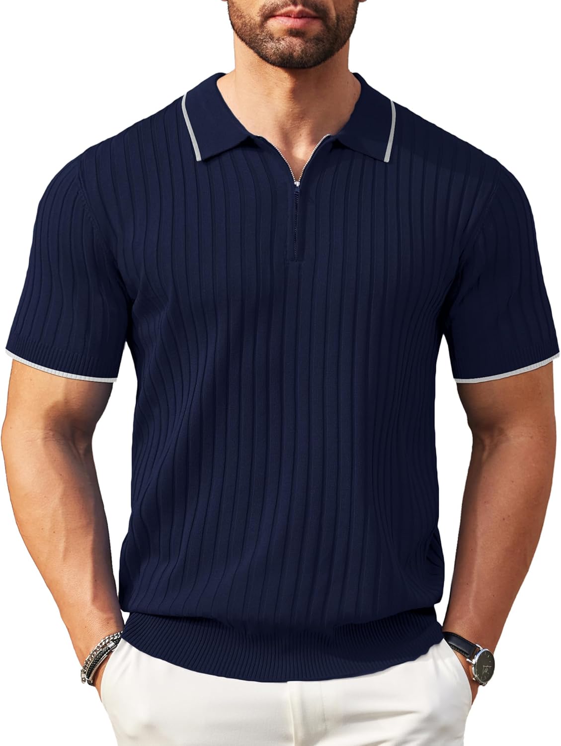 Camisetas polo de punto acanalado de manga corta con cremallera para hombre - Imagen 86 de 107