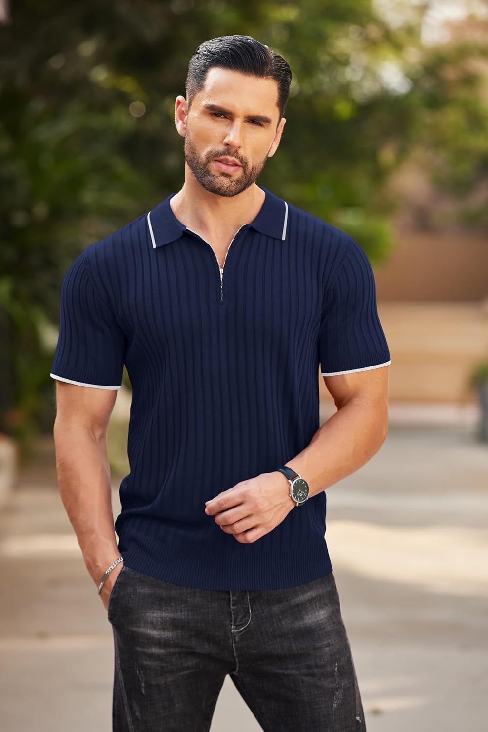 Camisetas polo de punto acanalado de manga corta con cremallera para hombre - Imagen 88 de 107