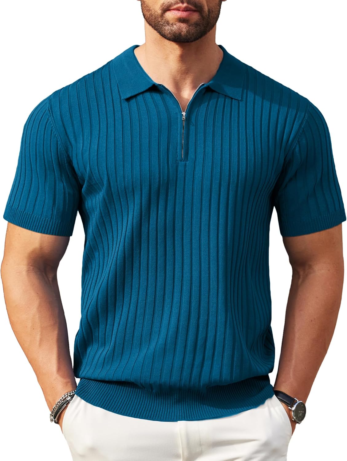 Camisetas polo de punto acanalado de manga corta con cremallera para hombre - Imagen 90 de 107