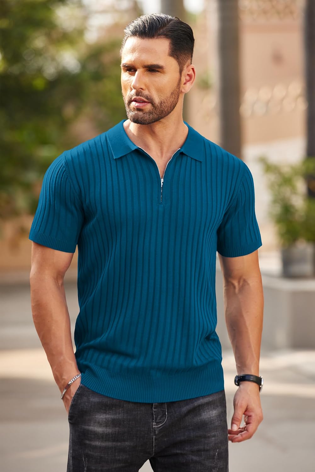 Camisetas polo de punto acanalado de manga corta con cremallera para hombre - Imagen 91 de 107