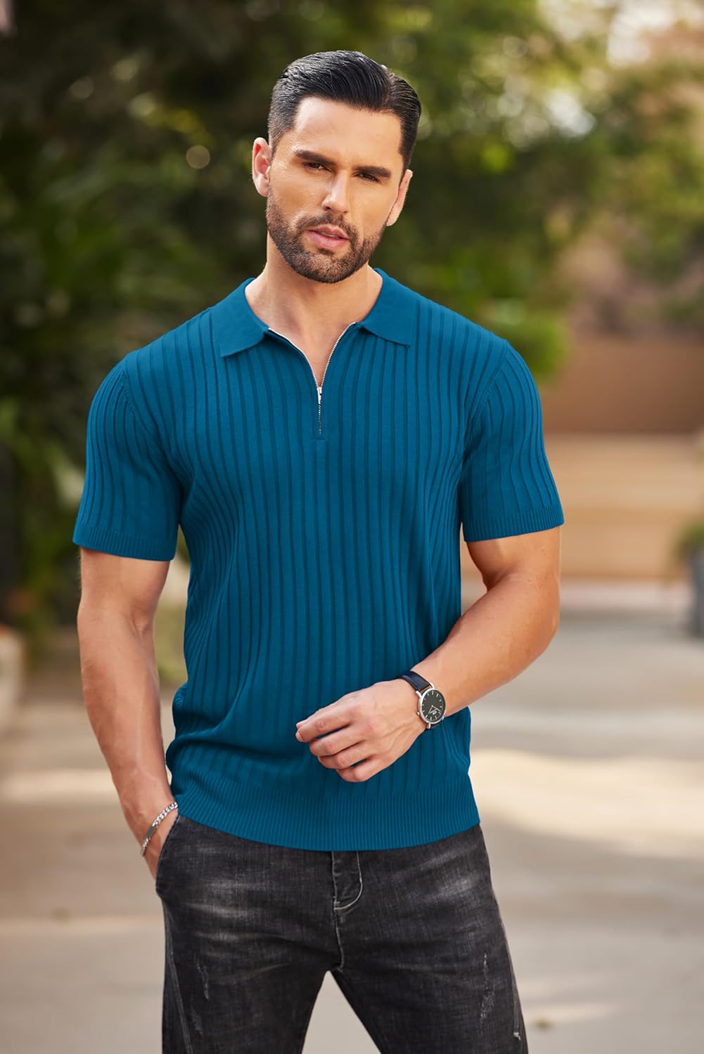 Camisetas polo de punto acanalado de manga corta con cremallera para hombre - Imagen 92 de 107