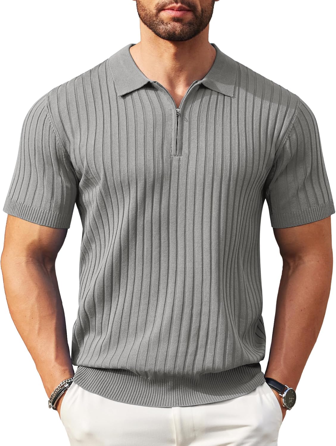 Camisetas polo de punto acanalado de manga corta con cremallera para hombre - Imagen 94 de 107