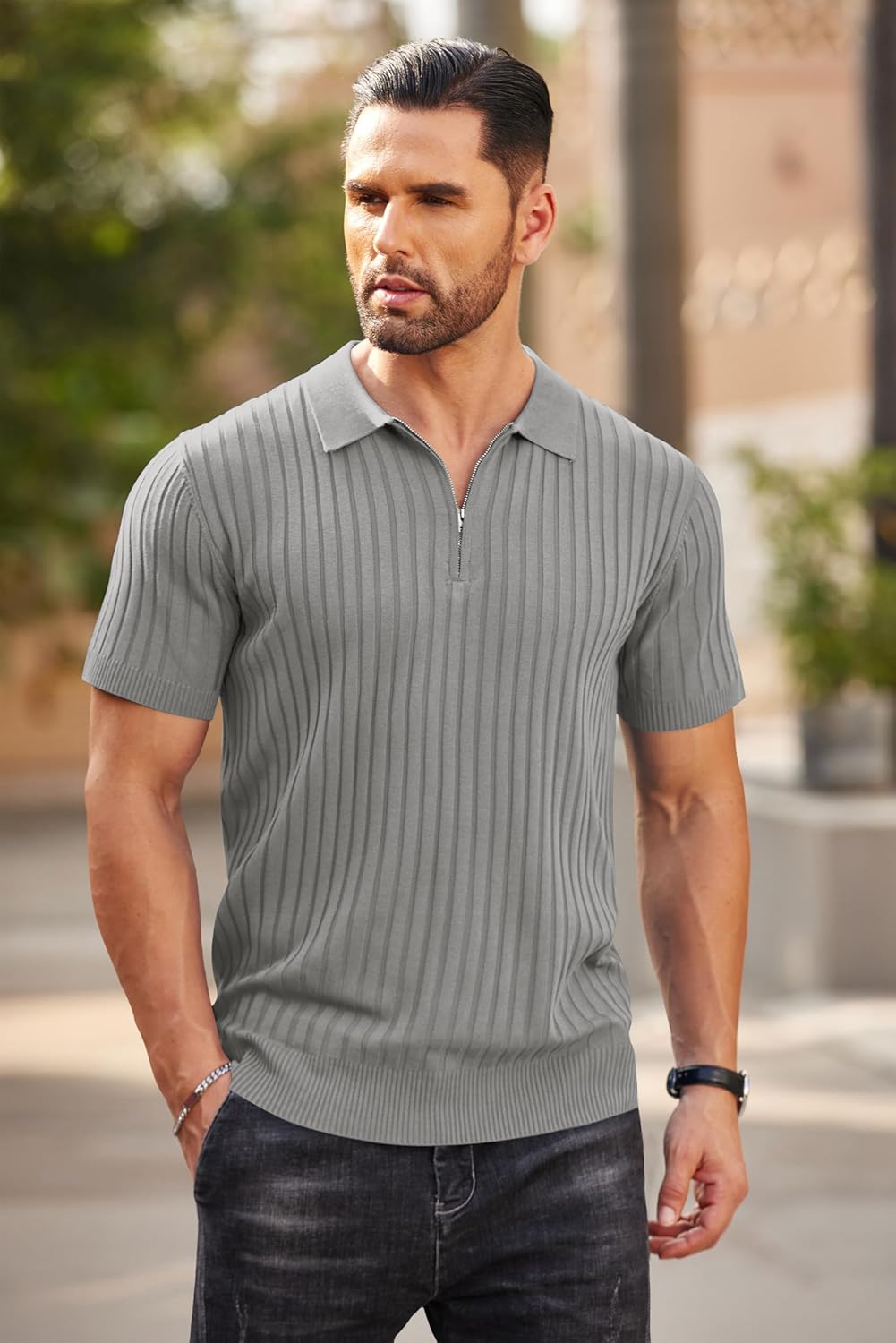 Camisetas polo de punto acanalado de manga corta con cremallera para hombre - Imagen 95 de 107