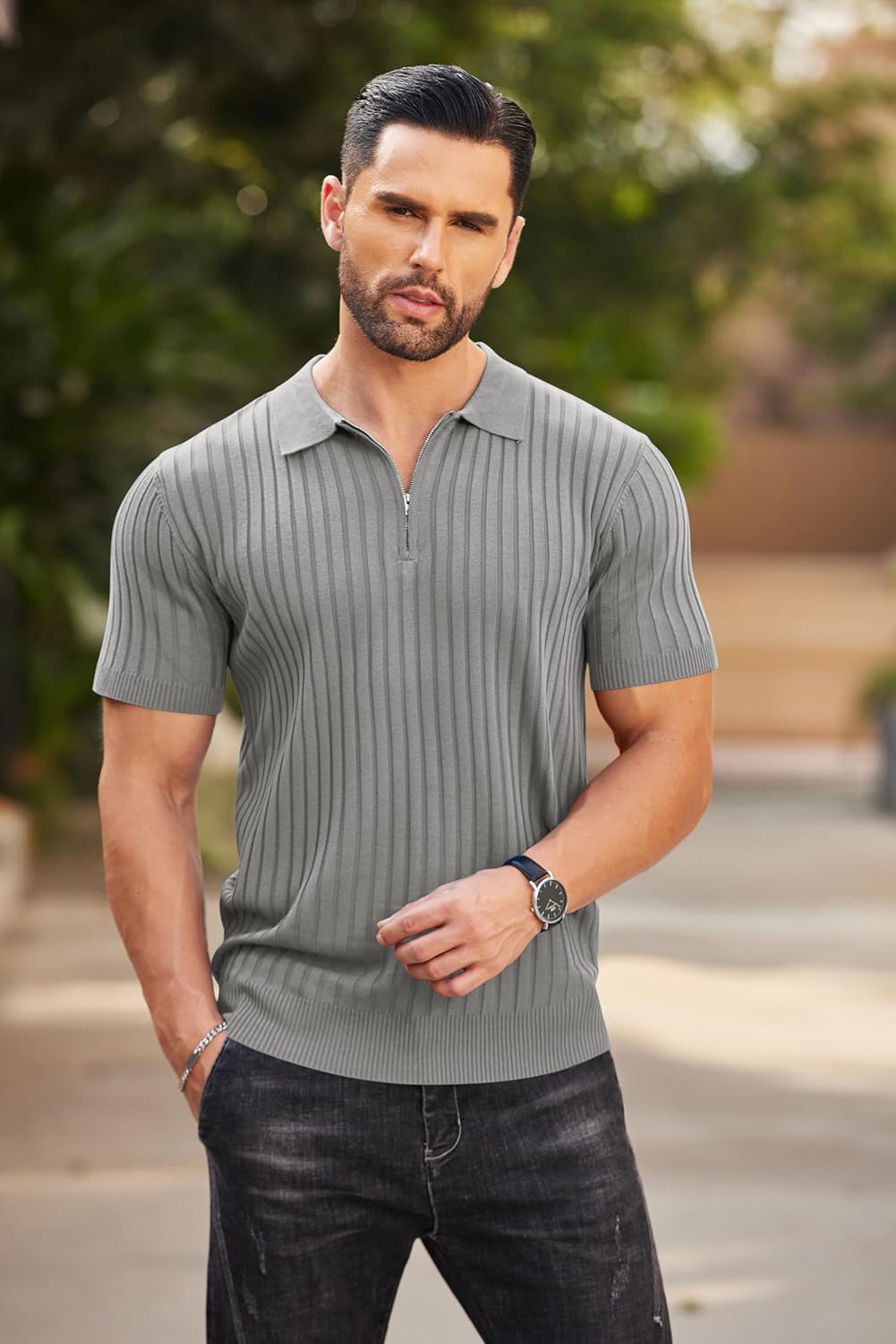 Camisetas polo de punto acanalado de manga corta con cremallera para hombre - Imagen 96 de 107