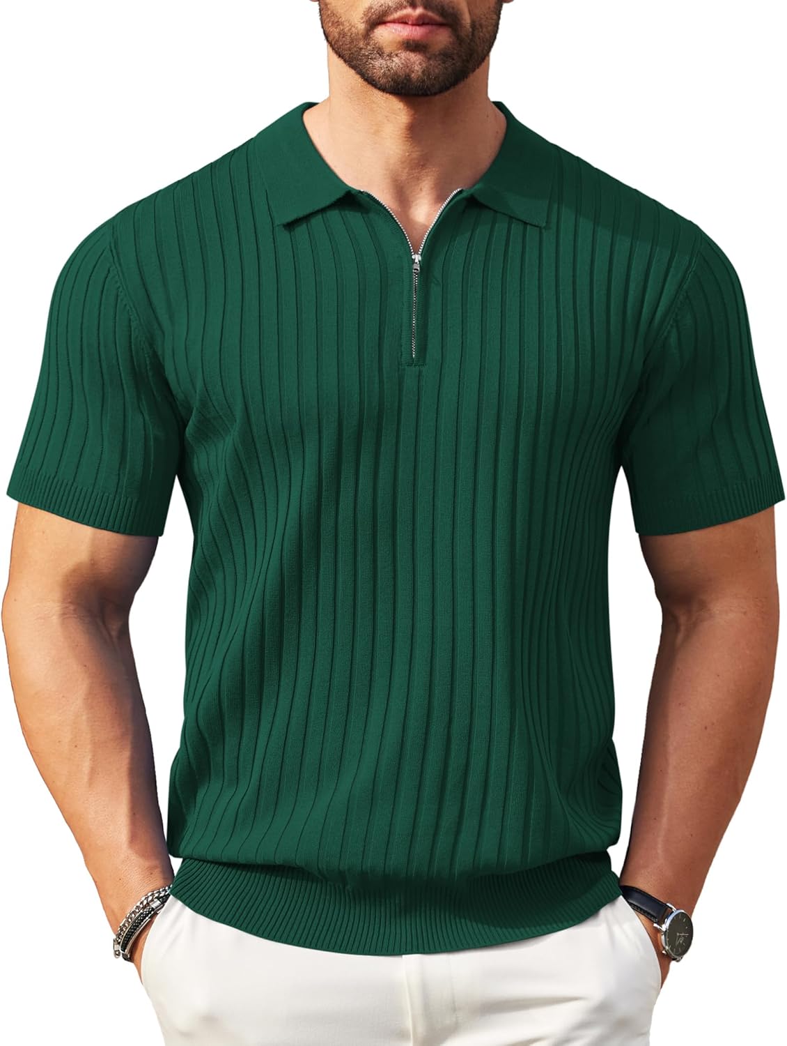 Camisetas polo de punto acanalado de manga corta con cremallera para hombre - Imagen 98 de 107