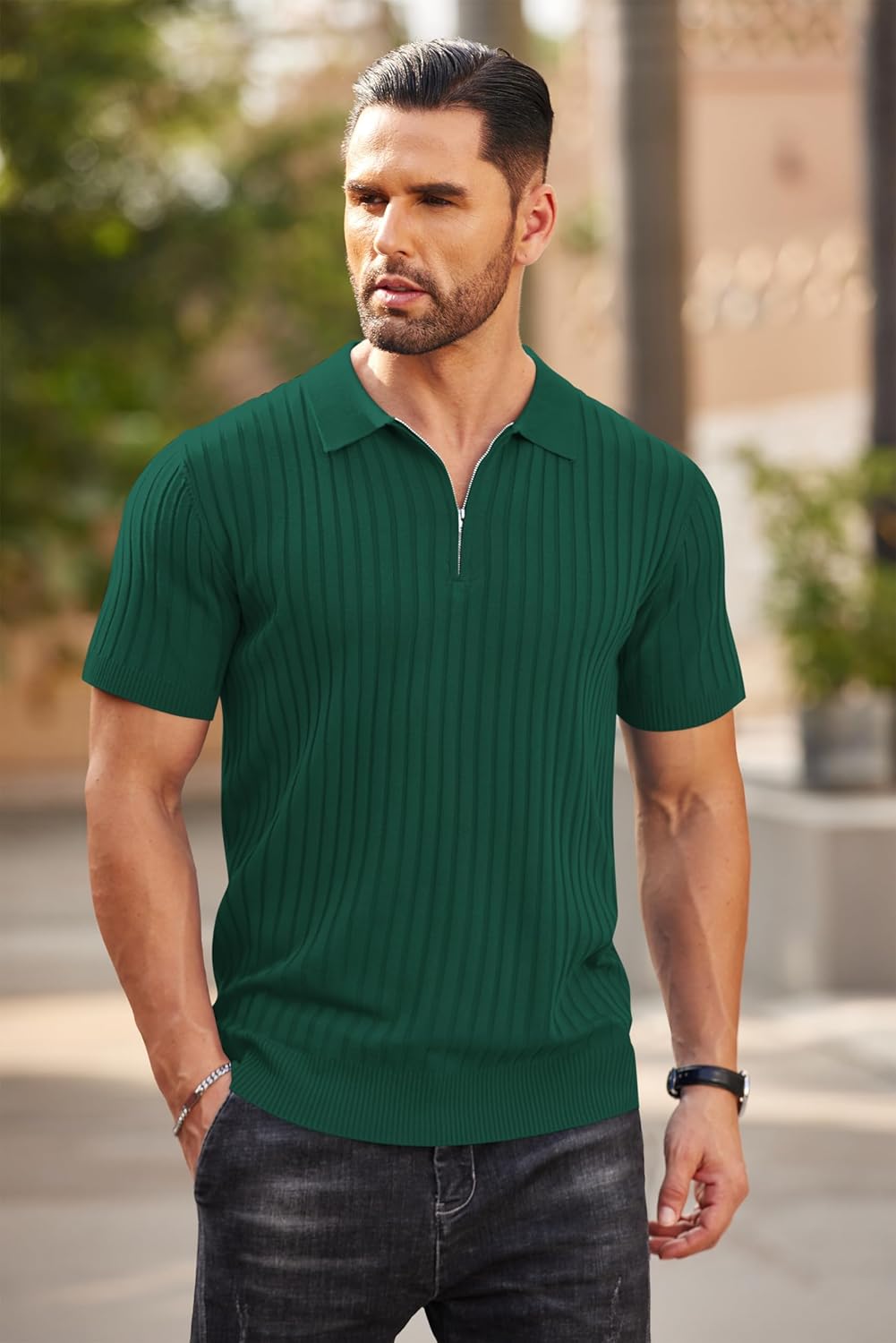 Camisetas polo de punto acanalado de manga corta con cremallera para hombre - Imagen 99 de 107