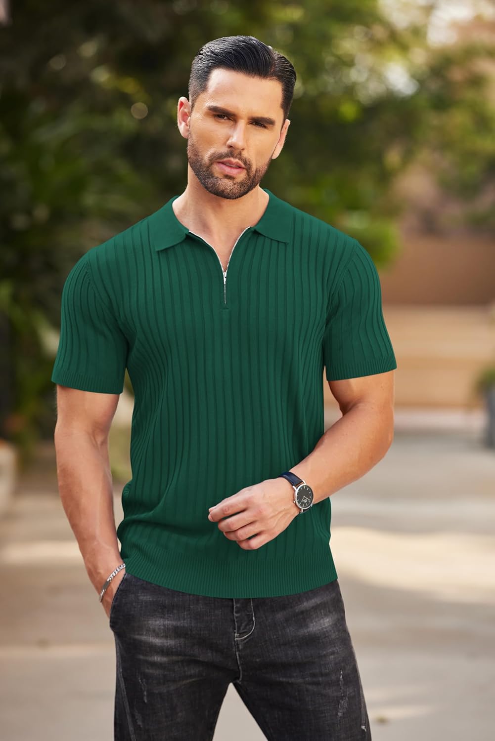 Camisetas polo de punto acanalado de manga corta con cremallera para hombre - Imagen 100 de 107