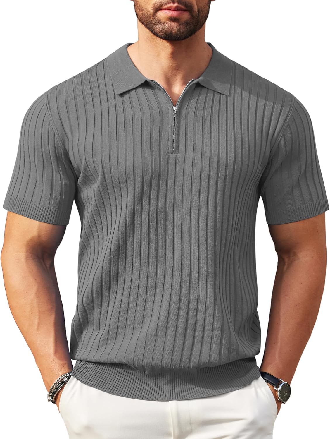 Camisetas polo de punto acanalado de manga corta con cremallera para hombre - Imagen 103 de 107