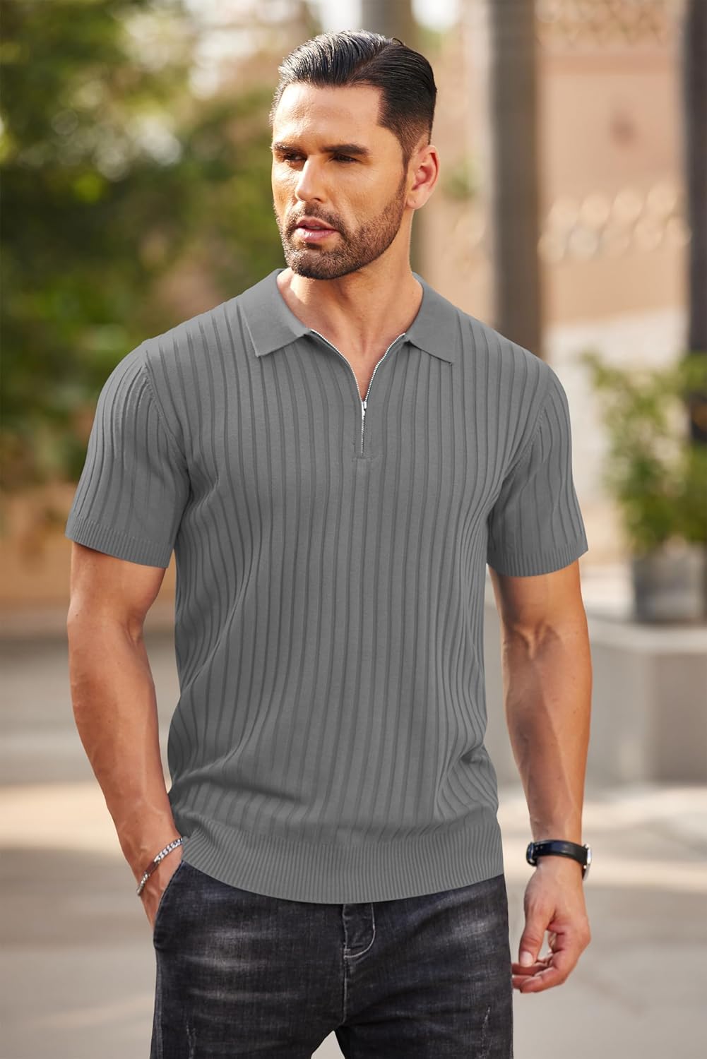 Camisetas polo de punto acanalado de manga corta con cremallera para hombre - Imagen 104 de 107