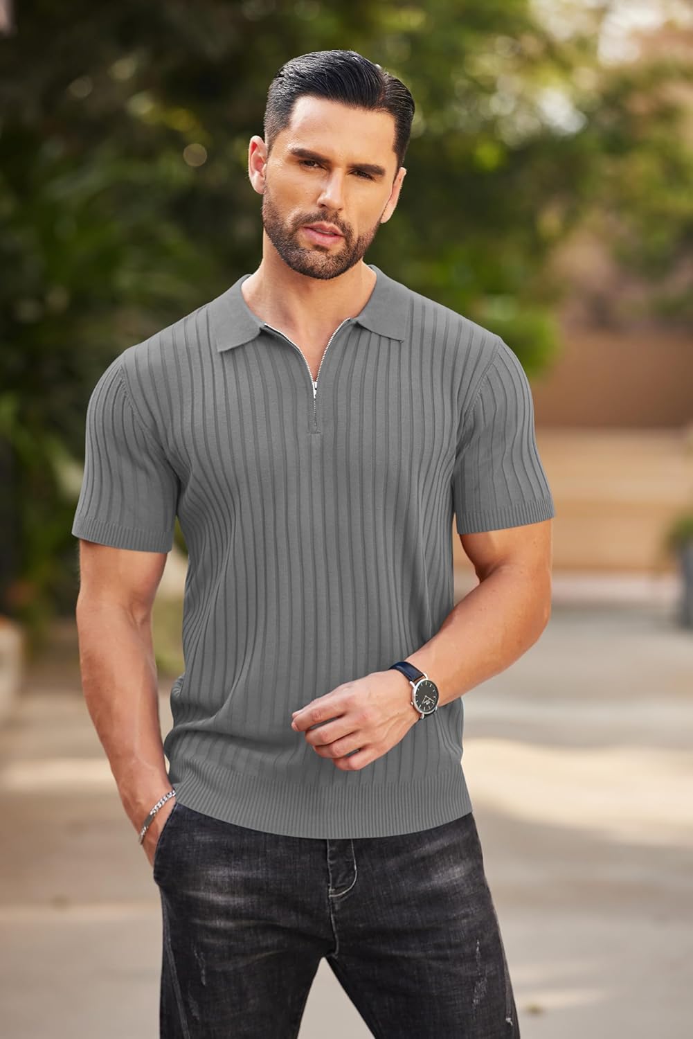 Camisetas polo de punto acanalado de manga corta con cremallera para hombre - Imagen 105 de 107