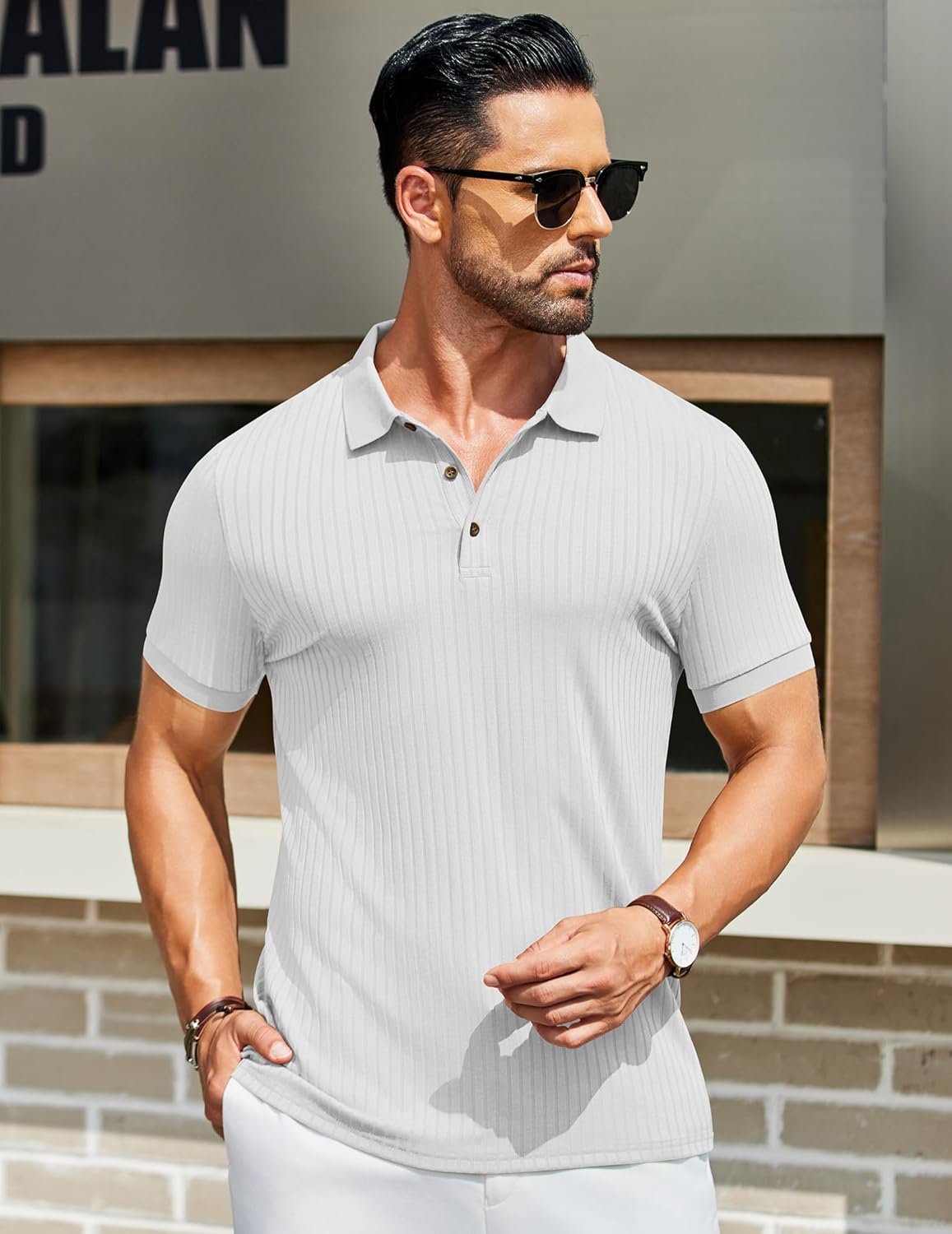 Herren Struktur Poloshirts Kurzarm Slim Fit Freizeit Knopf Polo T-Shirt - Bild 26 von 115
