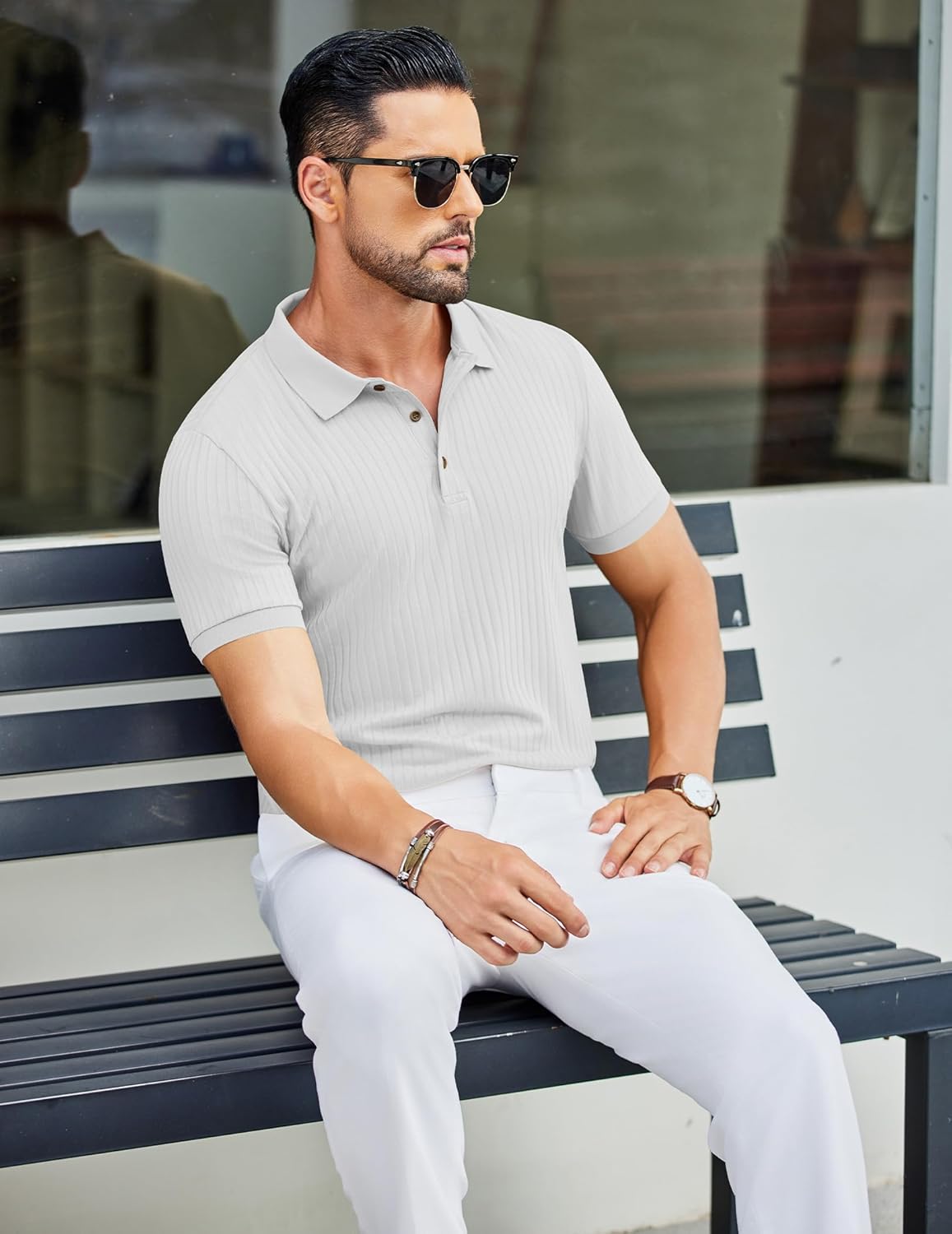 Herren Struktur Poloshirts Kurzarm Slim Fit Freizeit Knopf Polo T-Shirt - Bild 28 von 115