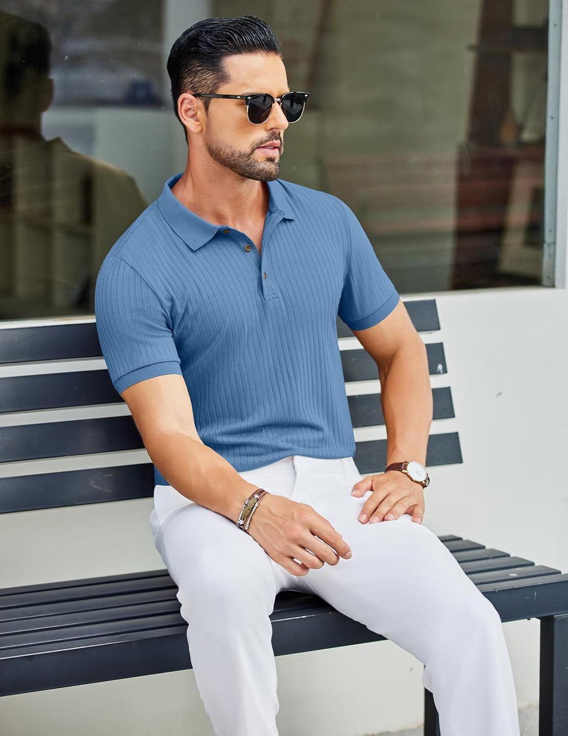 Herren Struktur Poloshirts Kurzarm Slim Fit Freizeit Knopf Polo T-Shirt - Bild 98 von 115