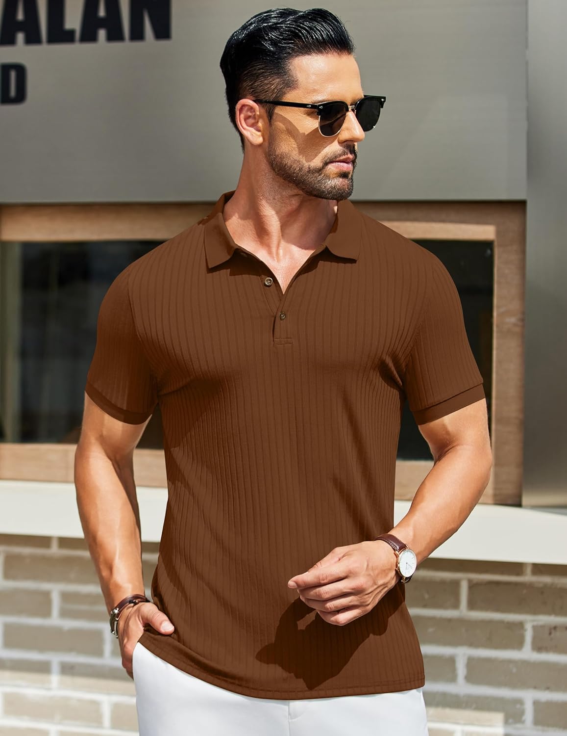 Herren Struktur Poloshirts Kurzarm Slim Fit Freizeit Knopf Polo T-Shirt - Bild 40 von 115