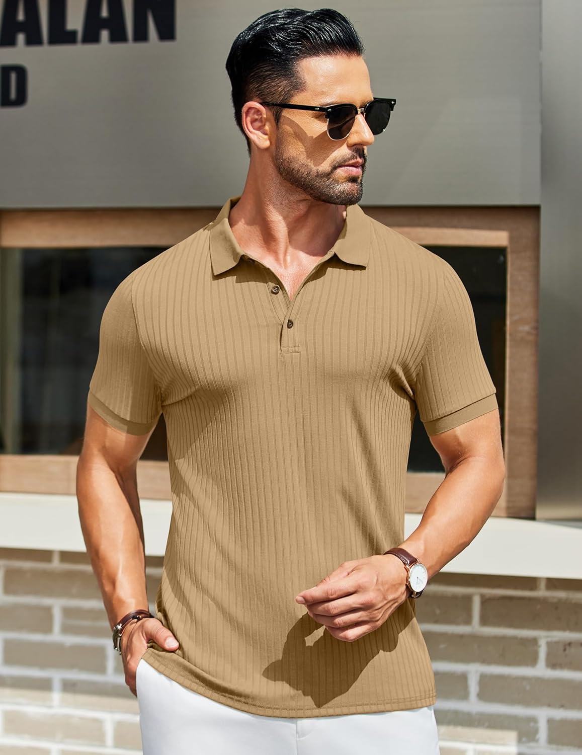 Herren Struktur Poloshirts Kurzarm Slim Fit Freizeit Knopf Polo T-Shirt - Bild 47 von 115