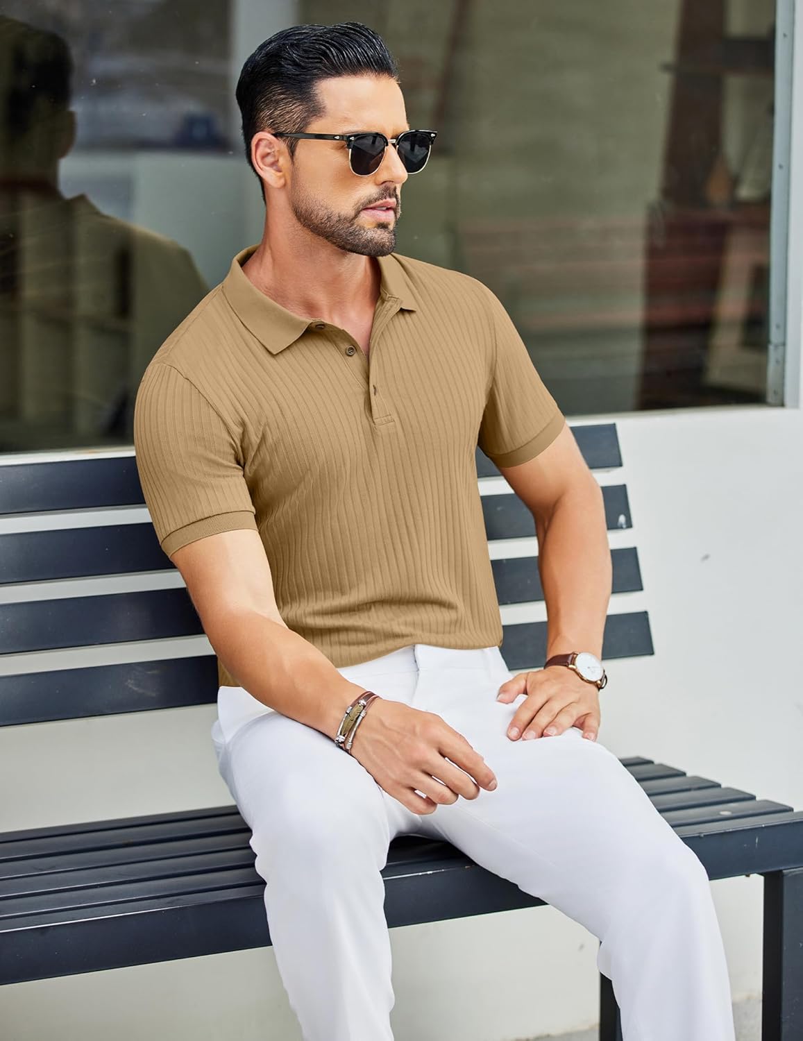 Herren Struktur Poloshirts Kurzarm Slim Fit Freizeit Knopf Polo T-Shirt - Bild 49 von 115