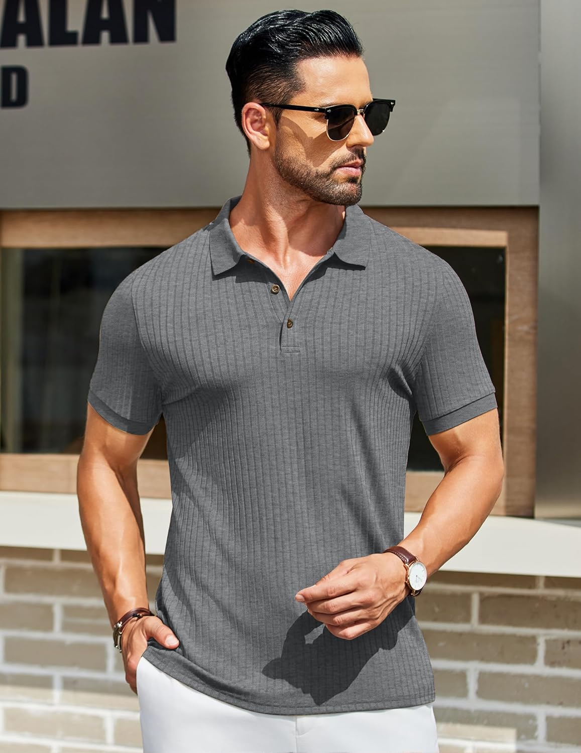 Herren Struktur Poloshirts Kurzarm Slim Fit Freizeit Knopf Polo T-Shirt - Bild 54 von 115