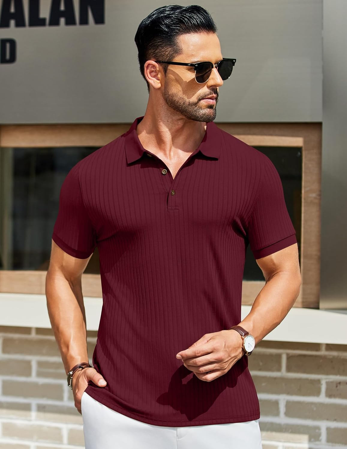 Herren Struktur Poloshirts Kurzarm Slim Fit Freizeit Knopf Polo T-Shirt - Bild 61 von 115