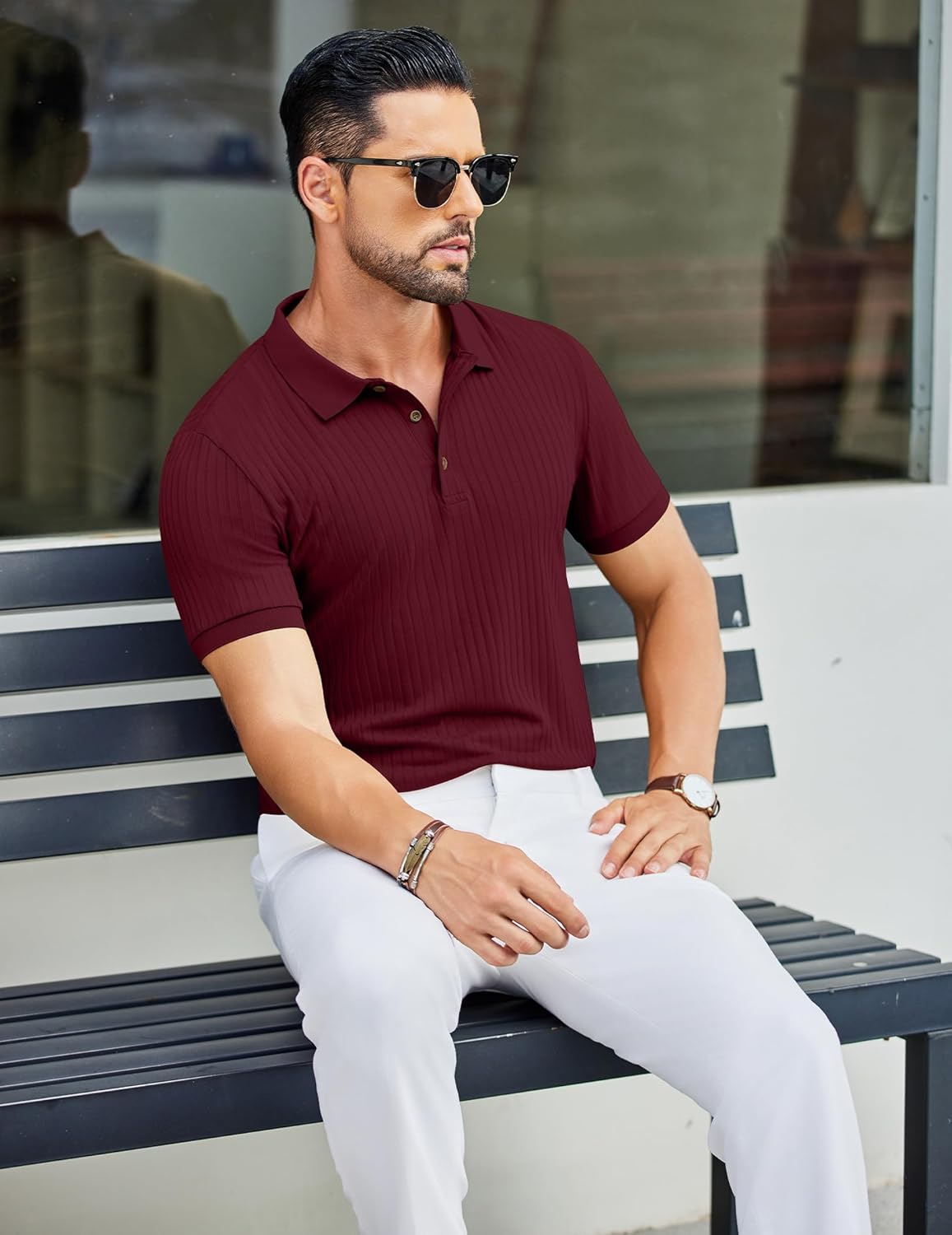 Herren Struktur Poloshirts Kurzarm Slim Fit Freizeit Knopf Polo T-Shirt - Bild 63 von 115