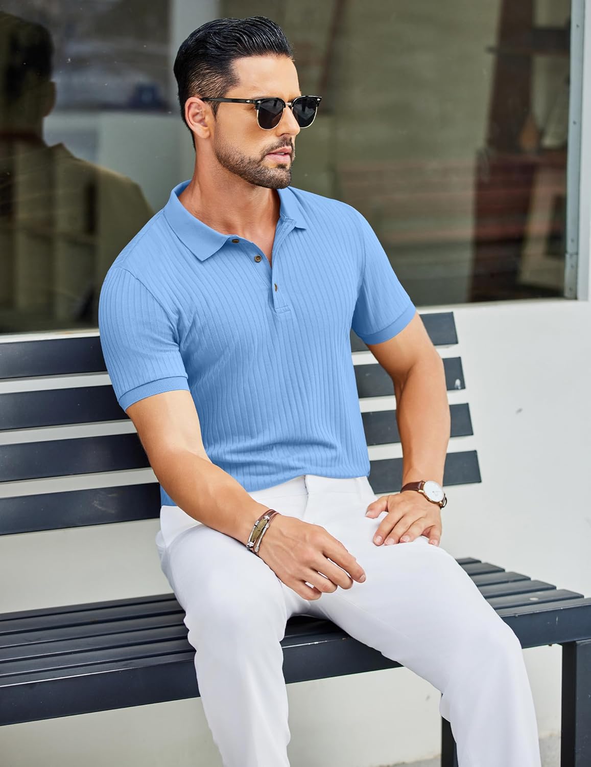 Herren Struktur Poloshirts Kurzarm Slim Fit Freizeit Knopf Polo T-Shirt - Bild 77 von 115
