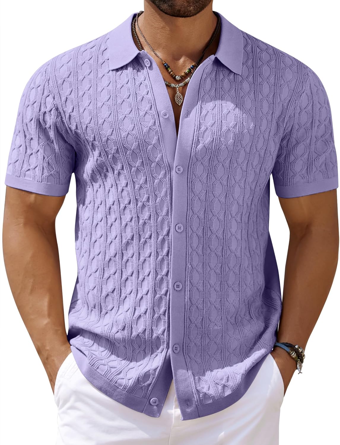 Men's Knit Short Sleeve Shirts Button Down Vintage Knitted Polo Shirt - Picture 29 of 76