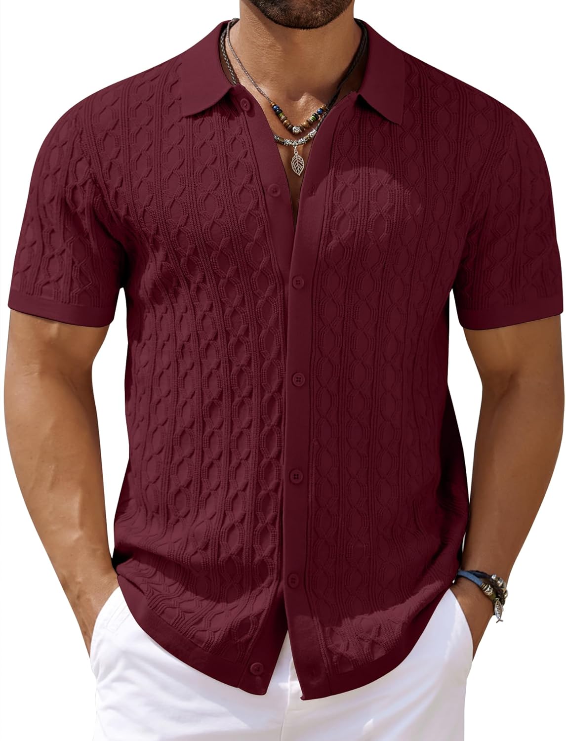 Men's Knit Short Sleeve Shirts Button Down Vintage Knitted Polo Shirt - Picture 37 of 76