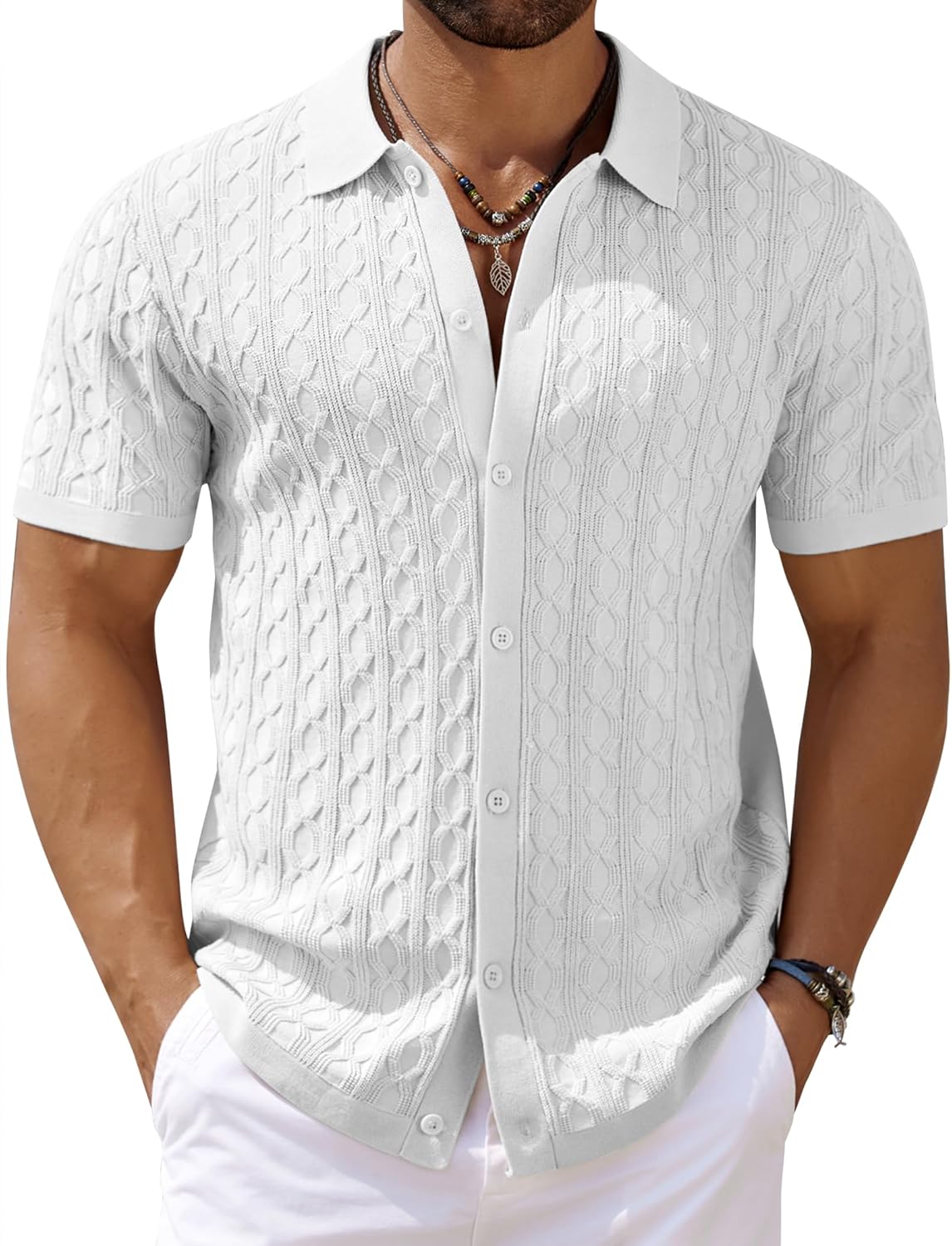 Men's Knit Short Sleeve Shirts Button Down Vintage Knitted Polo Shirt - Picture 41 of 76