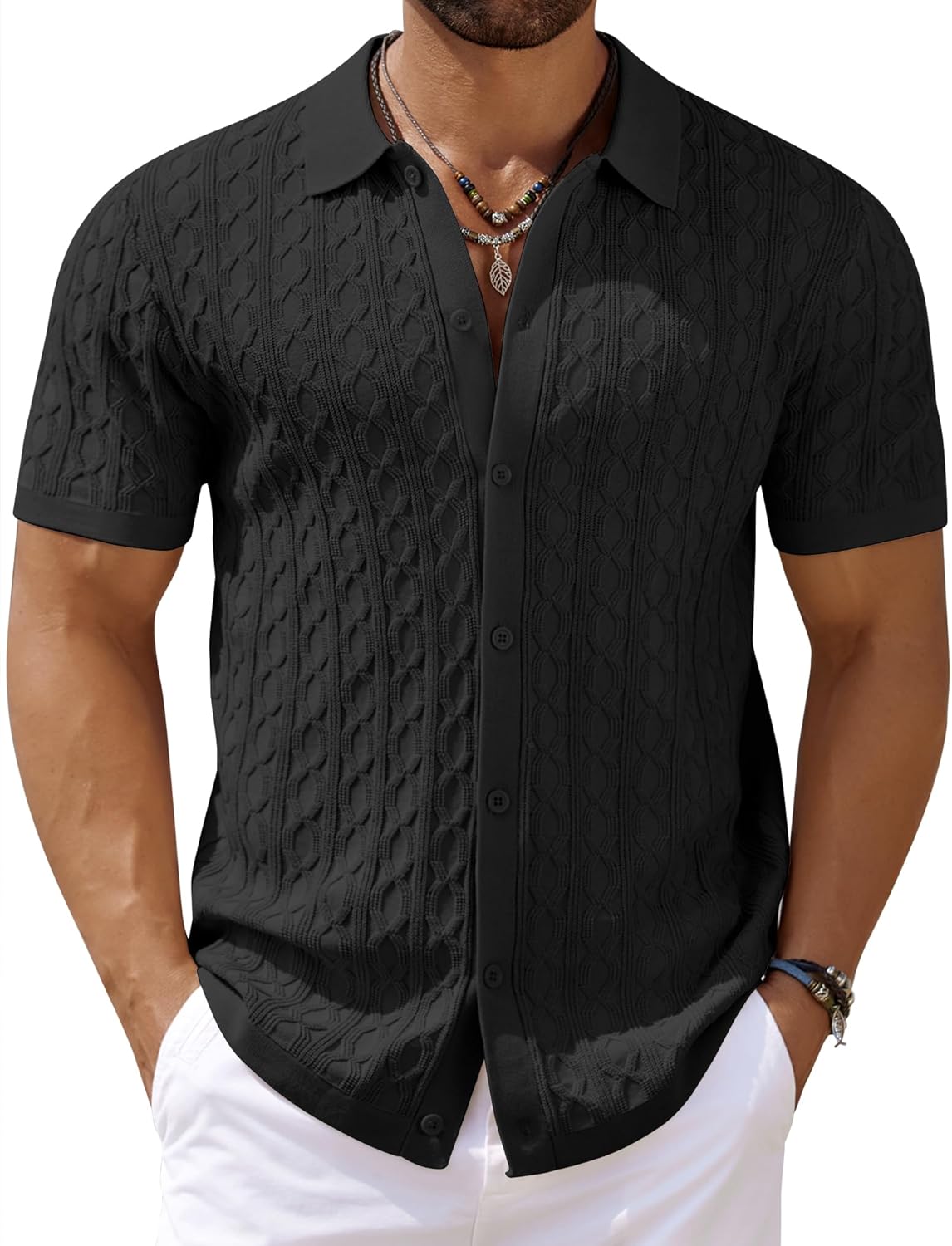 Men's Knit Short Sleeve Shirts Button Down Vintage Knitted Polo Shirt - Picture 49 of 76