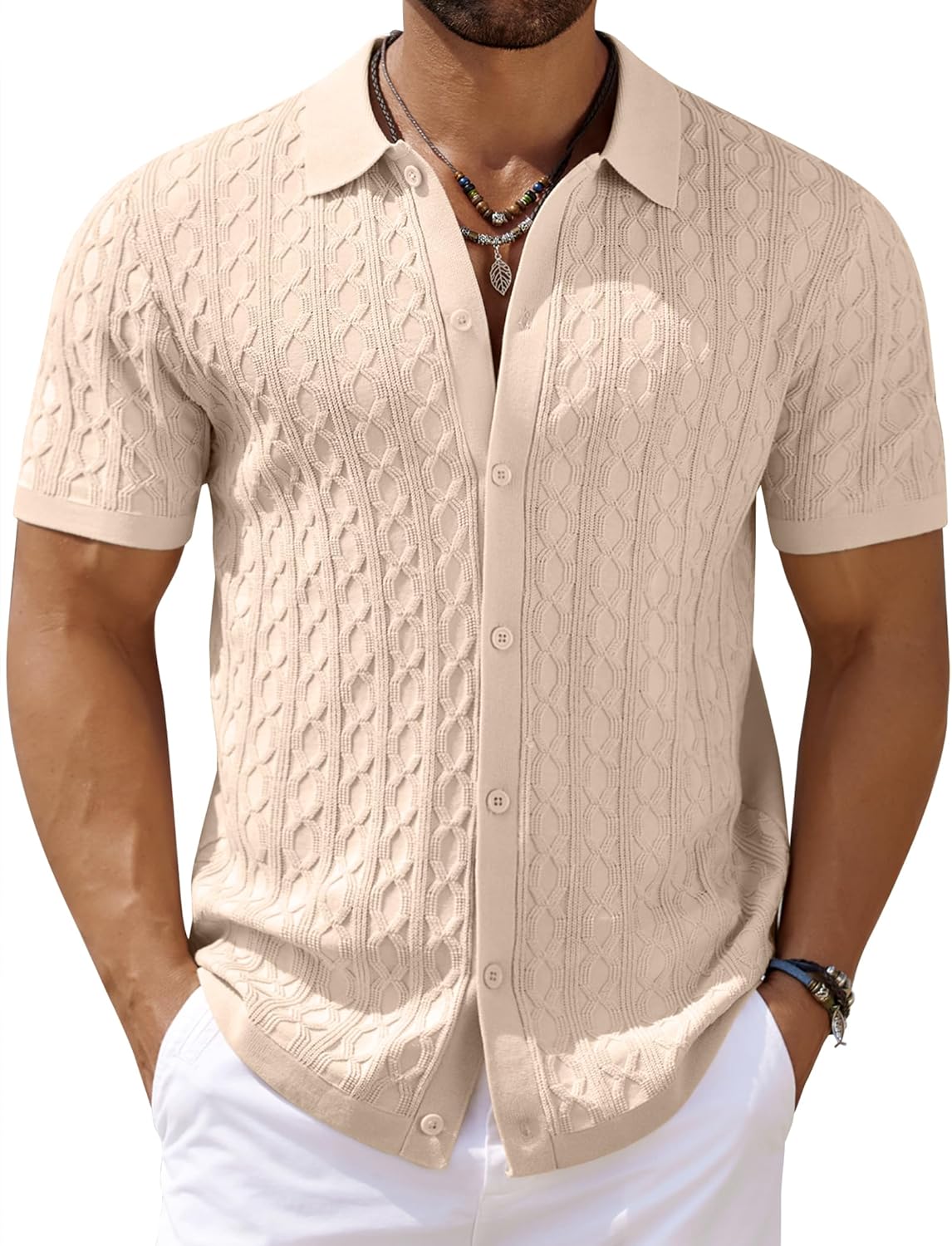 Men's Knit Short Sleeve Shirts Button Down Vintage Knitted Polo Shirt - Picture 25 of 76