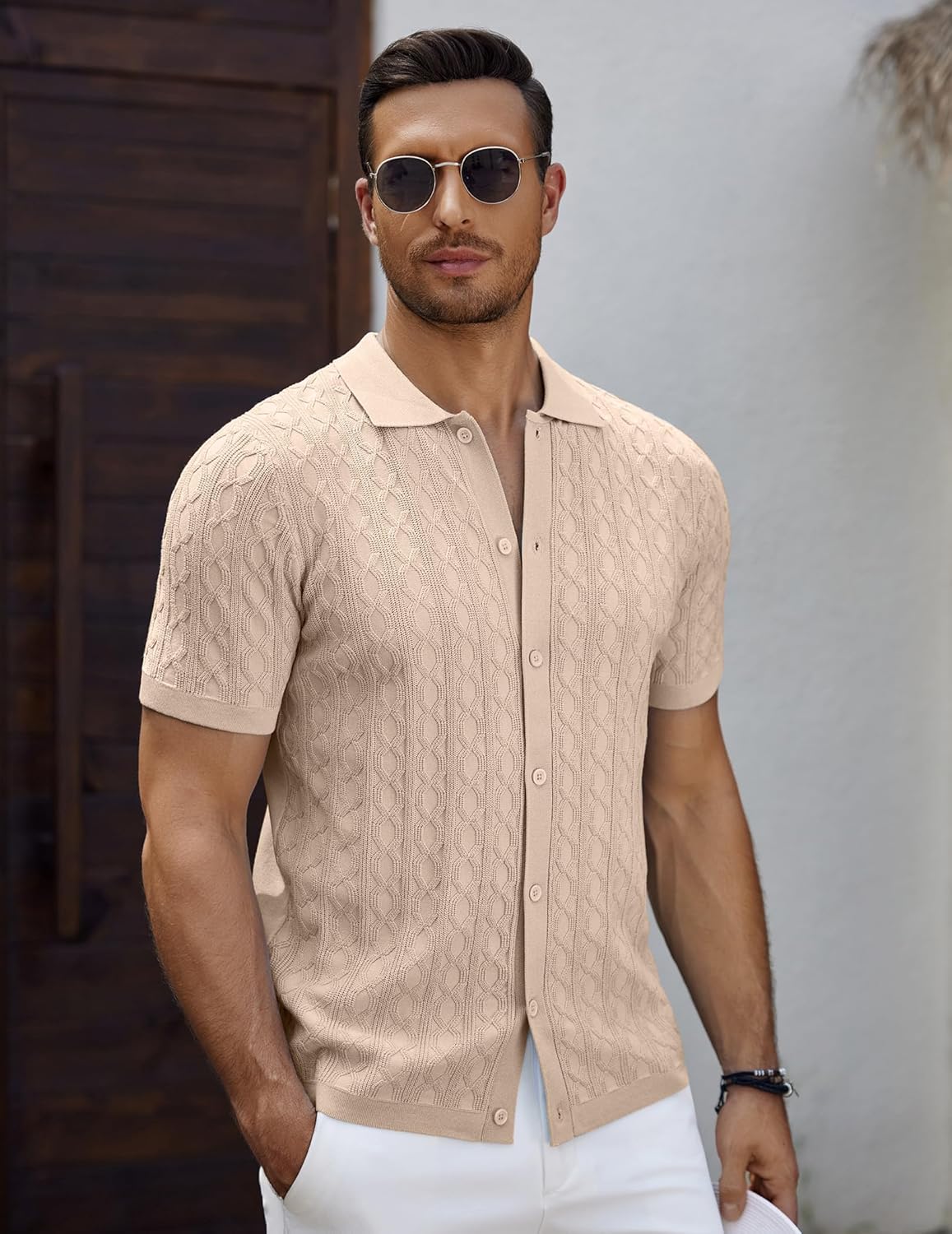 Men's Knit Short Sleeve Shirts Button Down Vintage Knitted Polo Shirt - Picture 27 of 76