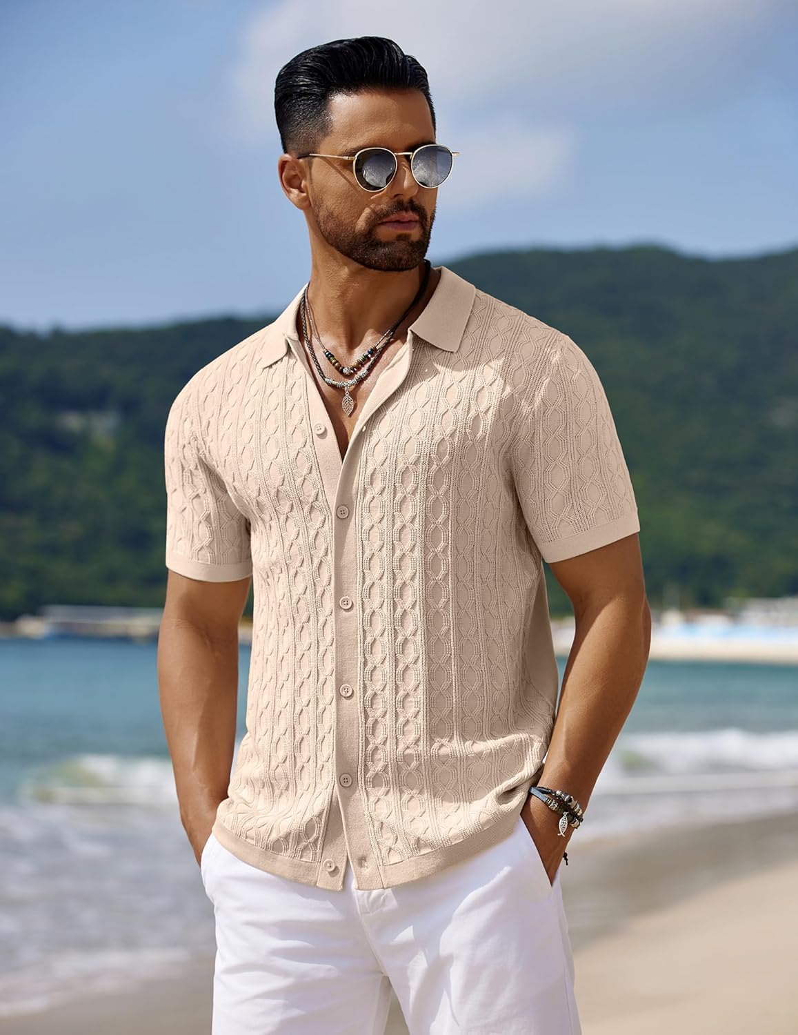 Men's Knit Short Sleeve Shirts Button Down Vintage Knitted Polo Shirt - Picture 28 of 76