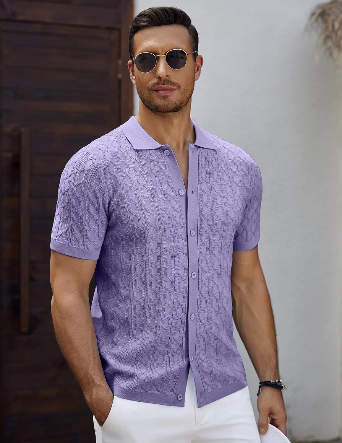 Men's Knit Short Sleeve Shirts Button Down Vintage Knitted Polo Shirt - Picture 31 of 76