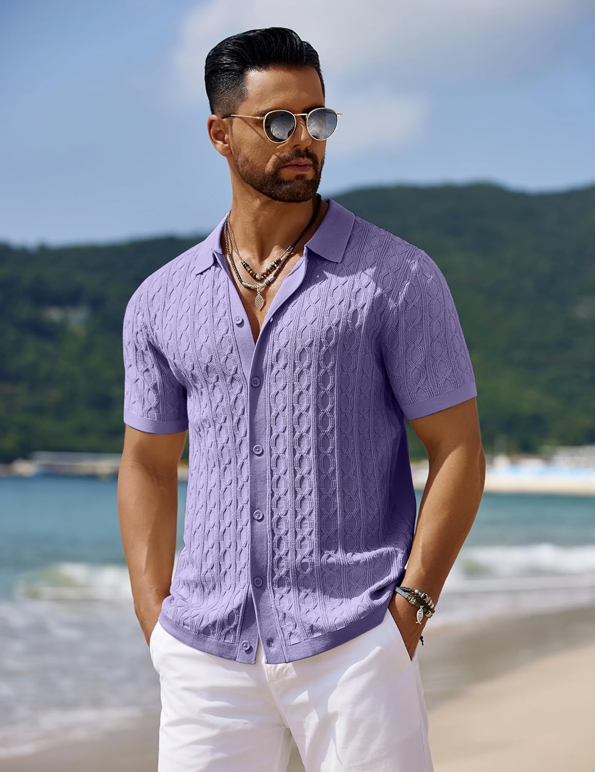 Men's Knit Short Sleeve Shirts Button Down Vintage Knitted Polo Shirt - Picture 32 of 76