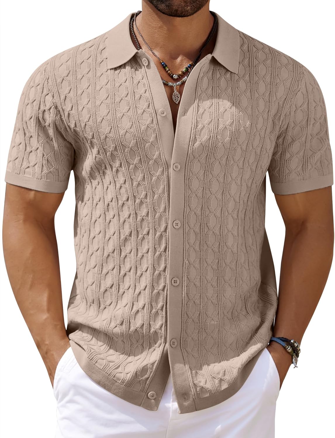 Men's Knit Short Sleeve Shirts Button Down Vintage Knitted Polo Shirt - Picture 33 of 76