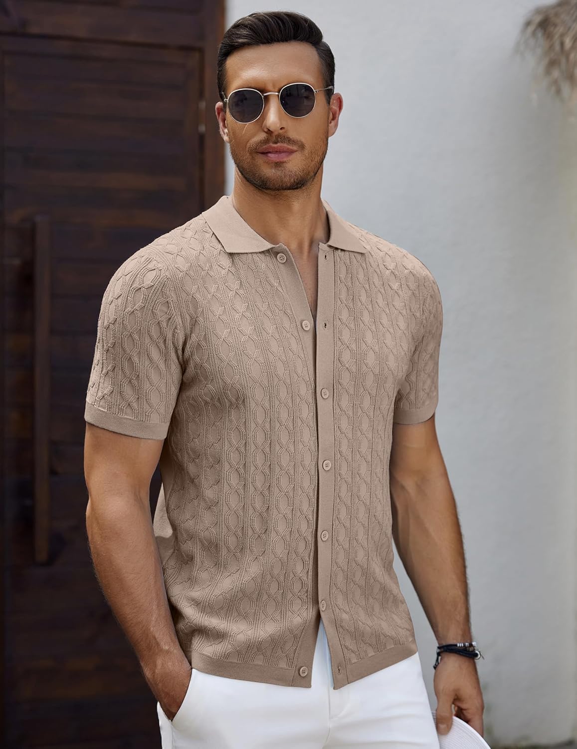 Men's Knit Short Sleeve Shirts Button Down Vintage Knitted Polo Shirt - Picture 35 of 76
